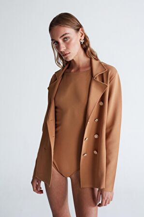 Styleboom X Peraluna KATHERINE BLAZER Çelik Örgü Klasik Kesim Düğmeli Blazer Kadın Triko Ceket Camel