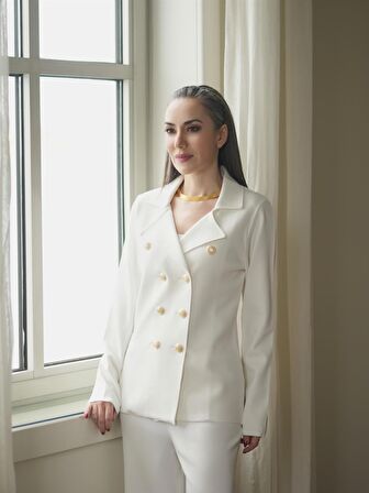 Styleboom X Peraluna KATHERINE BLAZER Çelik Örgü Klasik Kesim Düğmeli Blazer Kadın Triko Ceket Ekru