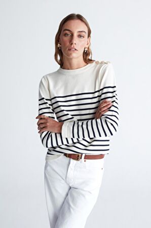 Styleboom X Peraluna AUDREY PULLOVER Omzu Düğmeli Çizgili Organik Pamuk Mevsimlik Kadın Triko Kazak Ekru/Lacivert