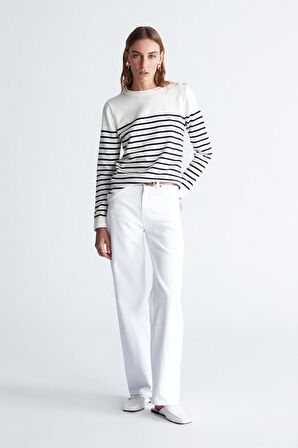 Styleboom X Peraluna AUDREY PULLOVER Omzu Düğmeli Çizgili Organik Pamuk Mevsimlik Kadın Triko Kazak Ekru/Lacivert
