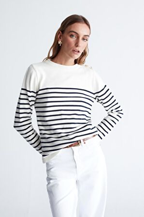 Styleboom X Peraluna AUDREY PULLOVER Omzu Düğmeli Çizgili Organik Pamuk Mevsimlik Kadın Triko Kazak Ekru/Lacivert