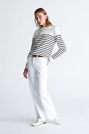 Styleboom X Peraluna AUDREY PULLOVER Omzu Düğmeli Çizgili Organik Pamuk Mevsimlik Kadın Triko Kazak Ekru/Lacivert