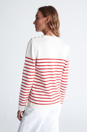 Styleboom X Peraluna AUDREY PULLOVER Omzu Düğmeli Çizgili Organik Pamuk Mevsimlik Kadın Triko Kazak Ekru/Kırmızı