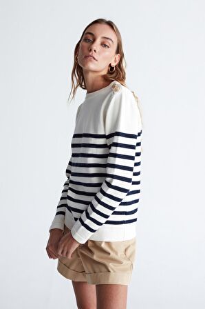 Styleboom X Peraluna BARDOT PULLOVER Omzu Düğmeli Çizgili Organik Pamuk Mevsimlik Kadın Triko Kazak Ekru/Lacivert
