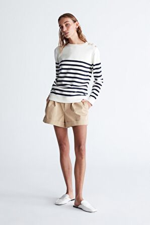 Styleboom X Peraluna BARDOT PULLOVER Omzu Düğmeli Çizgili Organik Pamuk Mevsimlik Kadın Triko Kazak Ekru/Lacivert