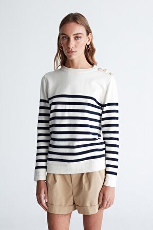 Styleboom X Peraluna BARDOT PULLOVER Omzu Düğmeli Çizgili Organik Pamuk Mevsimlik Kadın Triko Kazak Ekru/Lacivert