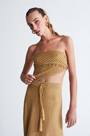 Styleboom X Peraluna MARILYN SKIRT Simli Maxi Boy Beli Bağcıklı Kadın Triko Etek Altın