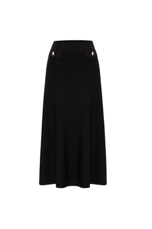Styleboom X Peraluna VIVIEN SKIRT Düğme Detaylı Diz Altı Kloş Kadın Triko Etek Siyah