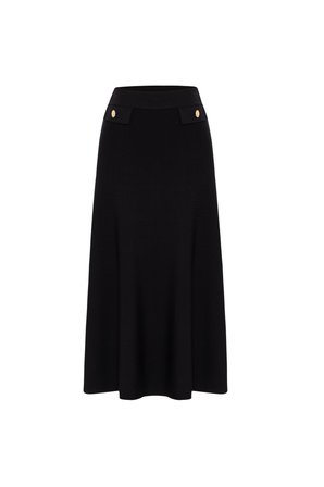 Styleboom X Peraluna VIVIEN SKIRT Düğme Detaylı Diz Altı Kloş Kadın Triko Etek Siyah