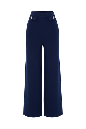 Styleboom X Peraluna MARLENE TROUSER Düğme Detaylı Rahat Kesim Kadın Triko Pantolon Lacivert