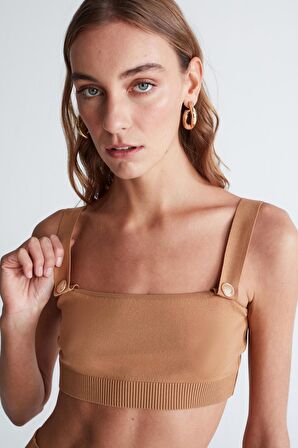 Styleboom X Peraluna ELIZABETH BRALET Düğme Detaylı Askılı Kadın Triko Bralet Camel