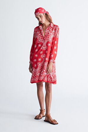 Peraluna DAISY DRESS Şal Desen Polo Yaka Düğmeli Mini Kadın Gömlek Elbise Nar Çiçeği/Beyaz