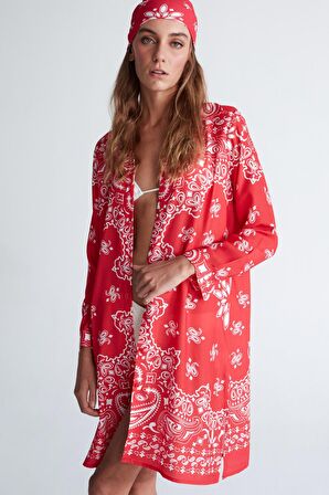 Peraluna DAISY DRESS Şal Desen Polo Yaka Düğmeli Mini Kadın Gömlek Elbise Nar Çiçeği/Beyaz