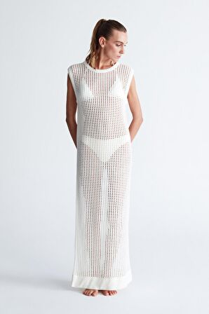 Peraluna PEARL DRESS Ajurlu Bisiklet Yaka Uzun Kadın Triko Elbise Ekru