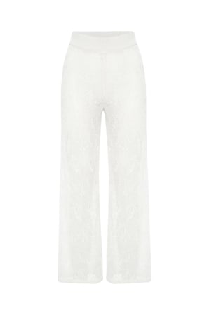 Peraluna EMMA TROUSER Dantel Desen Örgülü Geniş Midi Boy Kadın Triko Pantolon Ekru