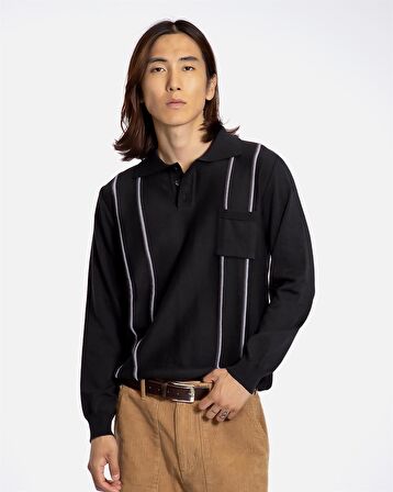 Far Afiled ALFARO LS POLO Polo Yaka Standart Kesim Çizgi Detaylı %100 Organik Pamuk Erkek Triko Kazak - Antrasit