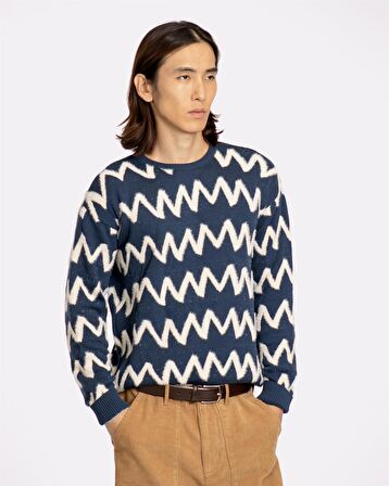 Far Afield DROP SHOULDER KNIT - ZIG Bisiklet Yaka Standart Kesim Zigzag Desen Erkek Triko Kazak - Lacivert