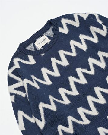 Far Afield DROP SHOULDER KNIT - ZIG Bisiklet Yaka Standart Kesim Zigzag Desen Erkek Triko Kazak - Lacivert