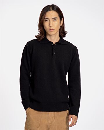 Far Afield KIER KNITTED POLO Polo Yaka Standart Kesim Yün Karışım Erkek Triko Kazak - Siyah