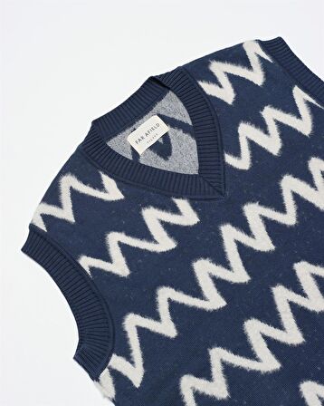 Far Afield PINTO VEST KNIT - ZIG V Yaka Zigzag Desen Erkek Triko Süveter - Lacivert