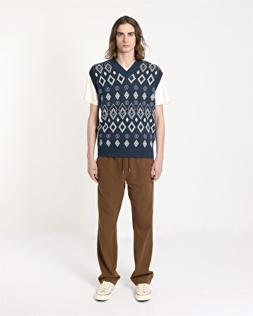 Far Afield PINTO KNITTED VEST-DIAMONDS V Yaka Baklava Desen %100 Organik Pamuk Erkek Triko Süveter - Lacivert