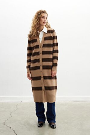 Peraluna BEATRICE LONG CARDIGAN Çizgili V Yaka Uzun Kadın Triko Hırka - Camel
