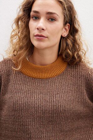 Peraluna LORETTA PULLOVER Bisiklet Yaka Selanik Örgü Organik Pamuk-Yün Karışım Muline Kadın Triko Kazak - Kahve Muline