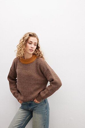 Peraluna LORETTA PULLOVER Bisiklet Yaka Selanik Örgü Organik Pamuk-Yün Karışım Muline Kadın Triko Kazak - Kahve Muline