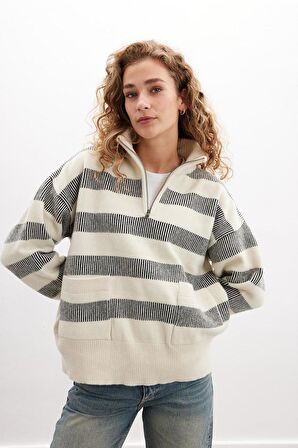 Peraluna MISTY SWEATER Yüksek Yaka Fermuarlı Çizgili Yün Karışım Kadın Triko Kazak - Ekru