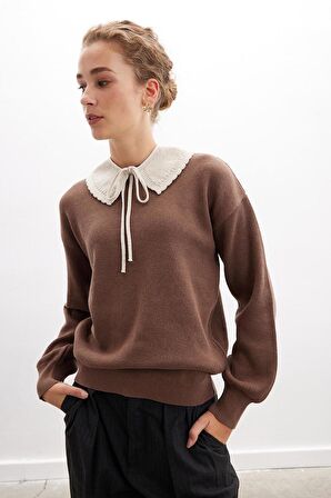 Peraluna ANNETTE PULLOVER Bisiklet Yaka Büzgü Kol Kadın Triko Kazak - Sütlü Kahve