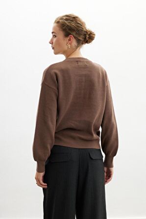 Peraluna ANNETTE PULLOVER Bisiklet Yaka Büzgü Kol Kadın Triko Kazak - Sütlü Kahve