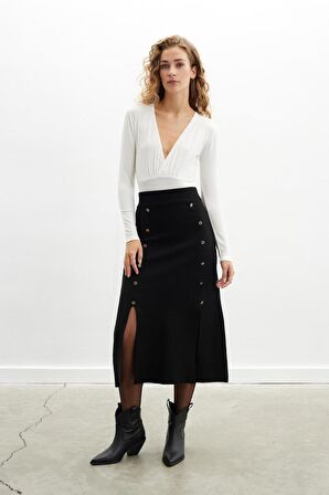 Peraluna BLAKE SKIRT Düğme Detaylı Yırtmaçlı Midi Boy Kadın Triko Etek - Siyah