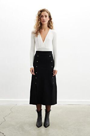 Peraluna BLAKE SKIRT Düğme Detaylı Yırtmaçlı Midi Boy Kadın Triko Etek - Siyah