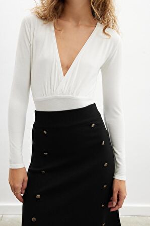 Peraluna BLAKE SKIRT Düğme Detaylı Yırtmaçlı Midi Boy Kadın Triko Etek - Siyah