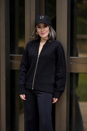 Styleboom X Peraluna DOVER BOMBER JACKET Saç Örgü Triko Bomber Kadın Triko Ceket - Siyah