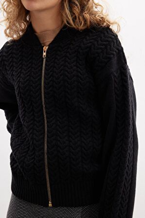 Styleboom X Peraluna DOVER BOMBER JACKET Saç Örgü Triko Bomber Kadın Triko Ceket - Siyah