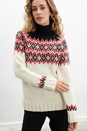 Styleboom X Peraluna COTSWALD FAIR ISLE PULLOVER Balıkçı Yaka Baklava Desen Kazak Kadın Triko Kazak - Ekru Multi