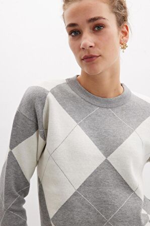 Styleboom X Peraluna OXFORD PULLOVER Bisiklet Yaka Baklava Desen Kadın Triko Kazak - Gri Melanj