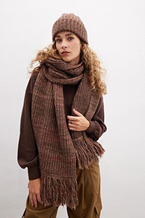 Peraluna LORETTA SCARF Püsküllü Melanj Kadın Triko Atkı - Kahve Muline