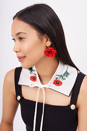 Peraluna POPPY COLLAR Gelincik Desenli Bağcıklı Kadın Triko Yakalık - Ekru