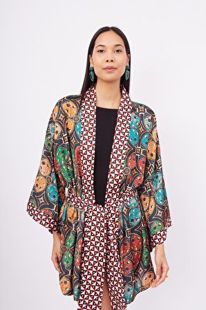 Peraluna LADYBUG SHORT KIMONO Uğur Böceği Baskılı 80 CM Kısa Saten Kadın Kimono - Çok Renkli