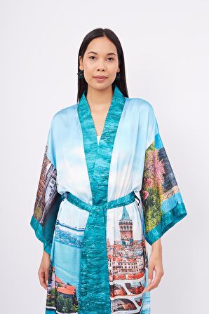 Peraluna ISTANBUL KIMONO İstanbul Manzara Baskılı 125 CM Uzun Saten Kadın Kimono - Çok Renkli