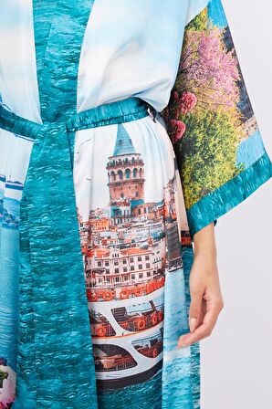 Peraluna ISTANBUL KIMONO İstanbul Manzara Baskılı 125 CM Uzun Saten Kadın Kimono - Çok Renkli