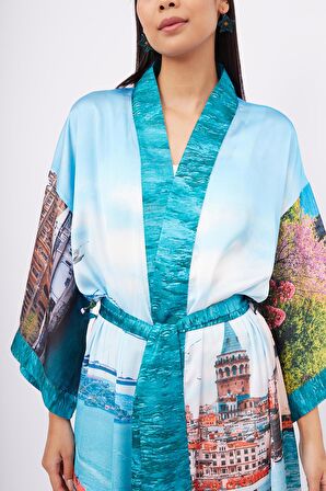 Peraluna ISTANBUL KIMONO İstanbul Manzara Baskılı 125 CM Uzun Saten Kadın Kimono - Çok Renkli