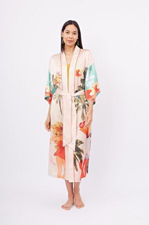 Peraluna SUMMER TIME LONG KİMONO Yaz Desenleri Baskılı 125 CM Uzun Saten Kadın Kimono - Çok Renkli