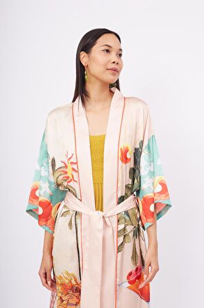 Peraluna SUMMER TIME LONG KİMONO Yaz Desenleri Baskılı 125 CM Uzun Saten Kadın Kimono - Çok Renkli