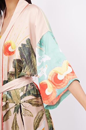 Peraluna SUMMER TIME LONG KİMONO Yaz Desenleri Baskılı 125 CM Uzun Saten Kadın Kimono - Çok Renkli