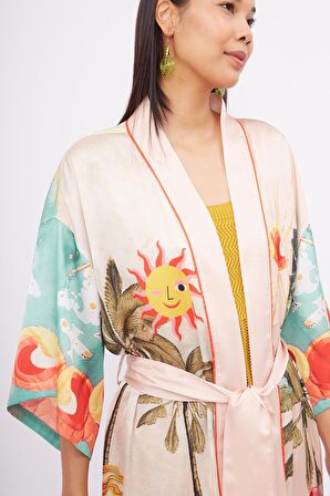 Peraluna SUMMER TIME LONG KİMONO Yaz Desenleri Baskılı 125 CM Uzun Saten Kadın Kimono - Çok Renkli