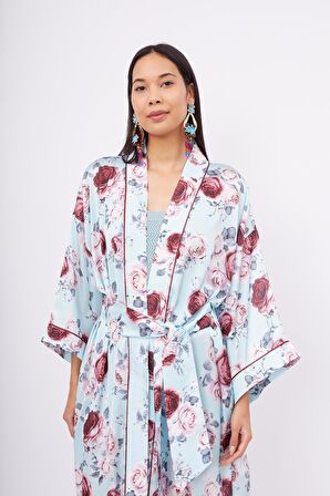 Peraluna ROSEMARRY LONG KIMONO Gül Desen Baskılı 125 CM Uzun Saten Kadın Kimono - Turkuaz