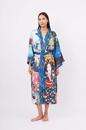 Peraluna MAGIC MOMENTS LONG KIMONO Anne Kız Baskılı 125 CM Uzun Saten Kadın Kimono - Çok Renkli